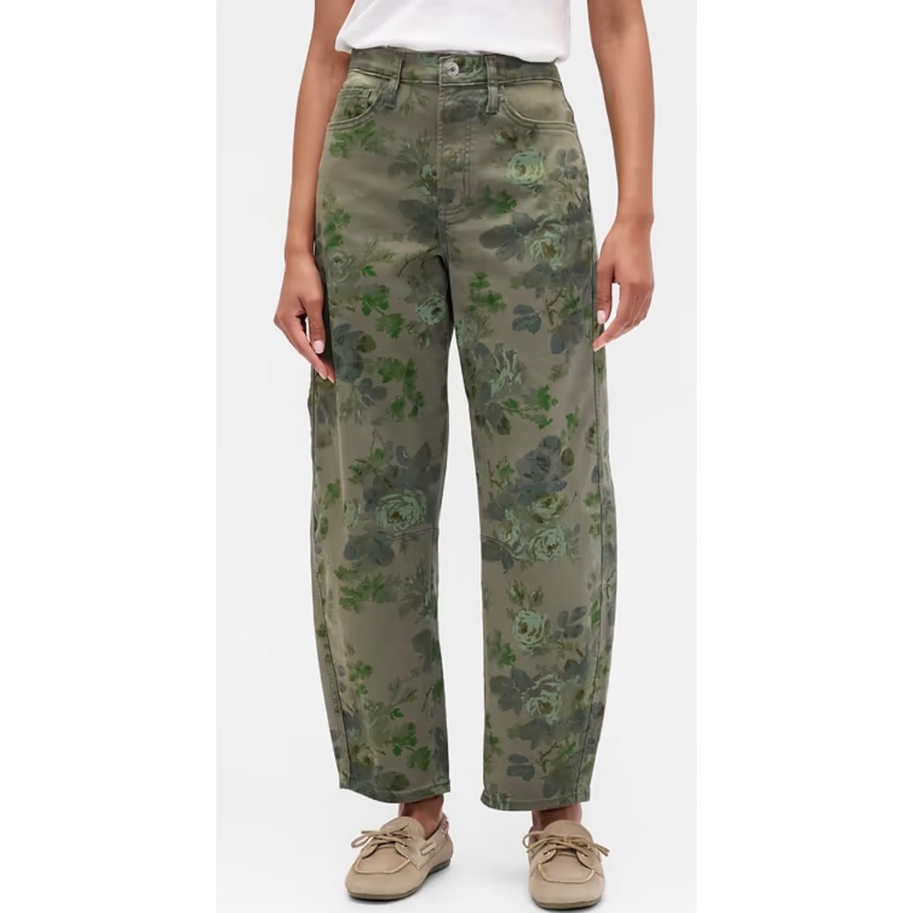 GAP High Rise Floral Print Barrel Jeans Green Womens Size 28R Earthy Cottage
